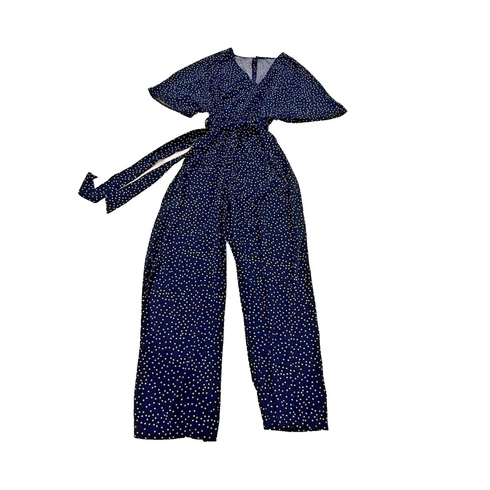 Women's Polka Dot V-Neck Rayon Jumpsuit with Tie Belt; Navy/White; Size‎ Medium